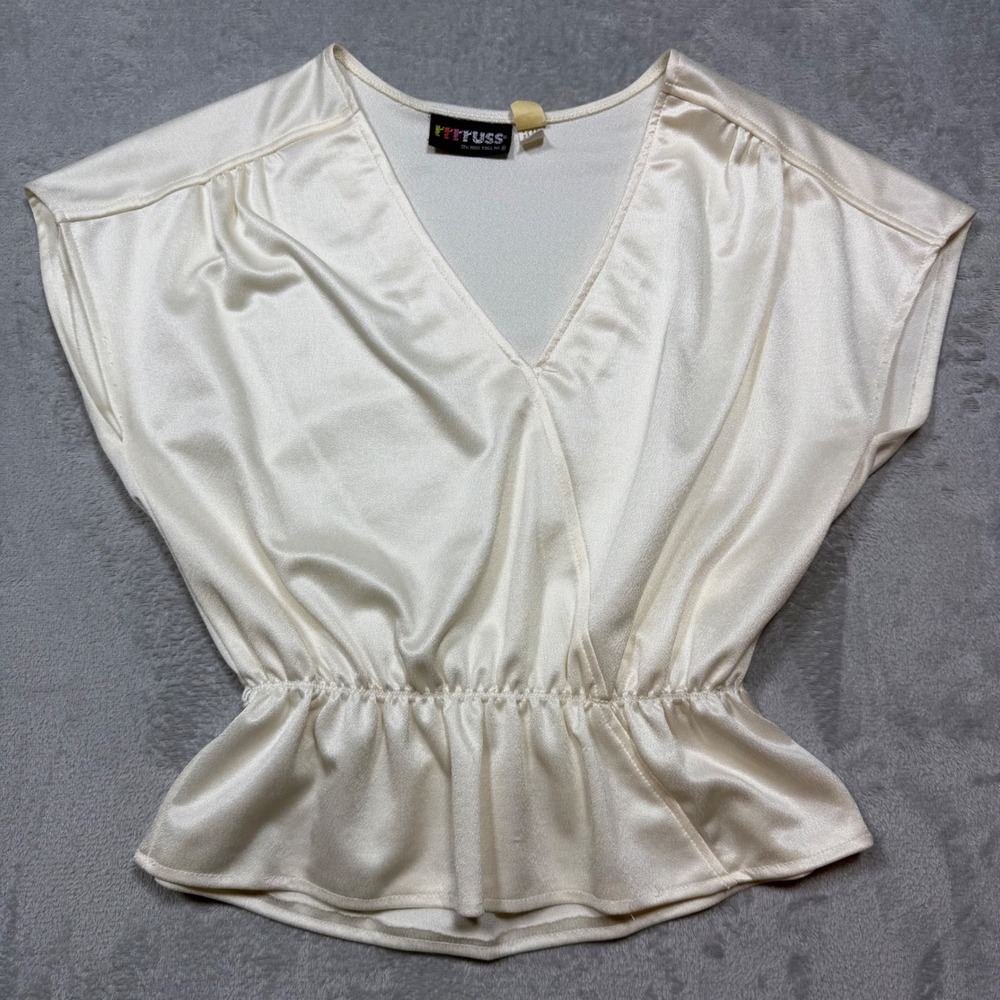 Vintage 80s Off White Synthetic Satin Peplum Blouse Surplice V-Neck Top Size S